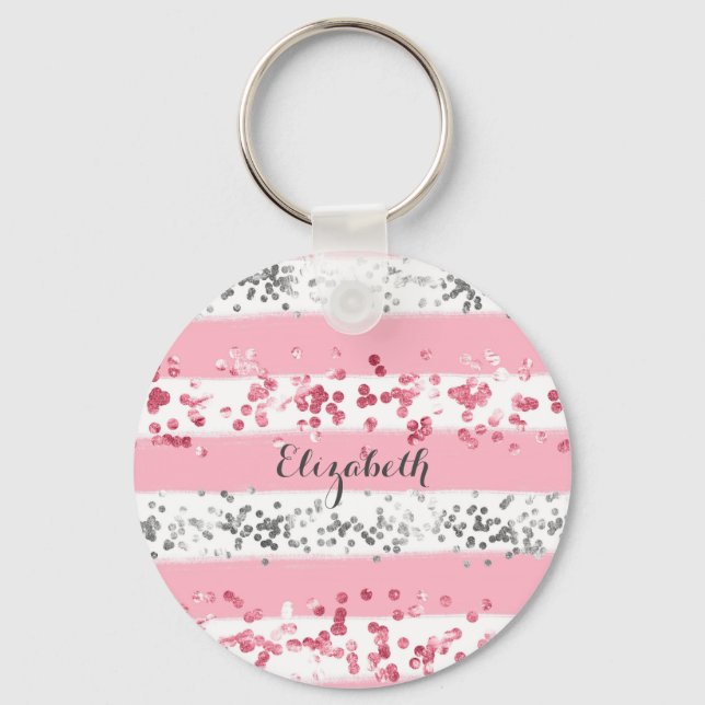 Monogramnamn Rosa Vitt Grått Glitter Girlig Trendi Nyckelring (Framsida)