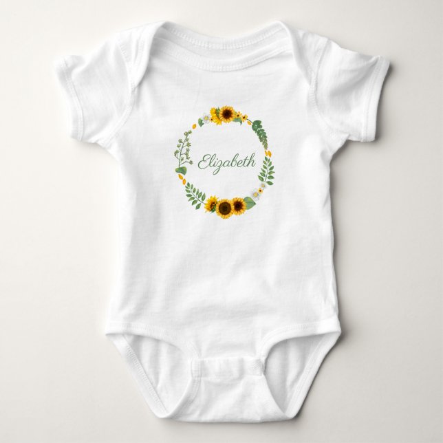 Monogramnamn Solrosor Gul Grön Blommig T Shirt (Framsida)
