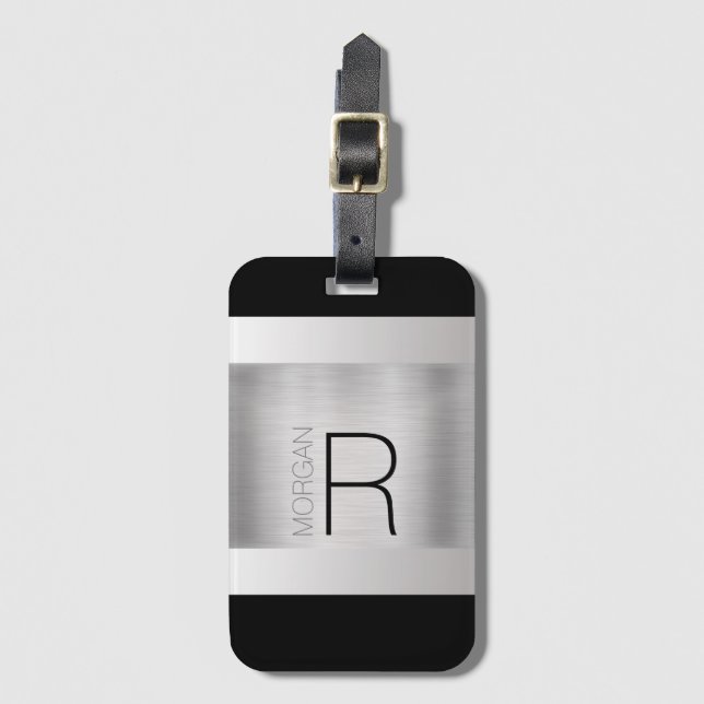 Monogramnamn, svart grå text, borstad silver bagagebricka (Framsida vertikal)