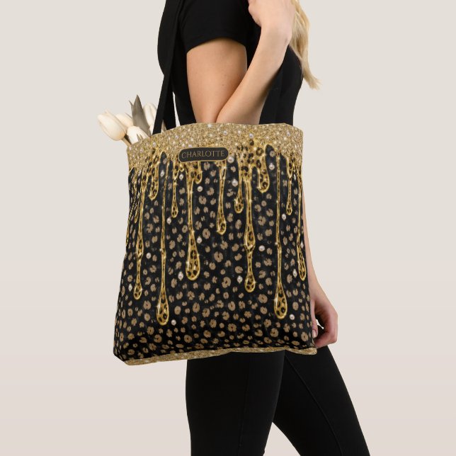 Monogramnamn Svart Guld Droppande Glitter Glam Tygkasse (Närbild)