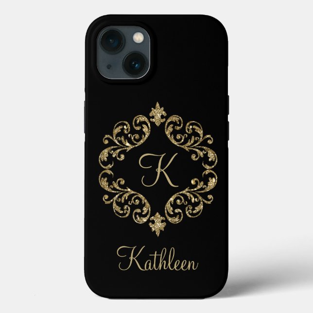 Monogramnamn Svart Guld Glitter Damast Flourera (Baksida)