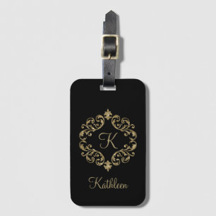 Monogramnamn Svart Guld Glitter Damast Flourera Bagagebricka