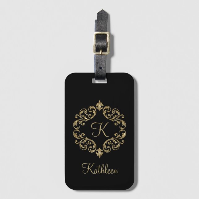 Monogramnamn Svart Guld Glitter Damast Flourera  Bagagebricka (Framsida vertikal)