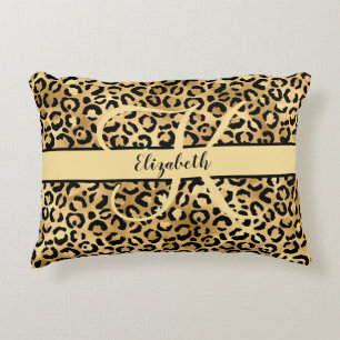Monogramnamn Svart Guld Leopard Gepardtryck  Prydnadskudde