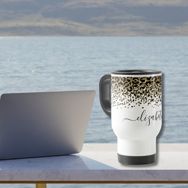 Monogramnamn Svart Guld Leopardtryck Chic Trendigt Mugg (Monogrammed Black Gold Leopard Print Animal Print Travel Coffee Mug)