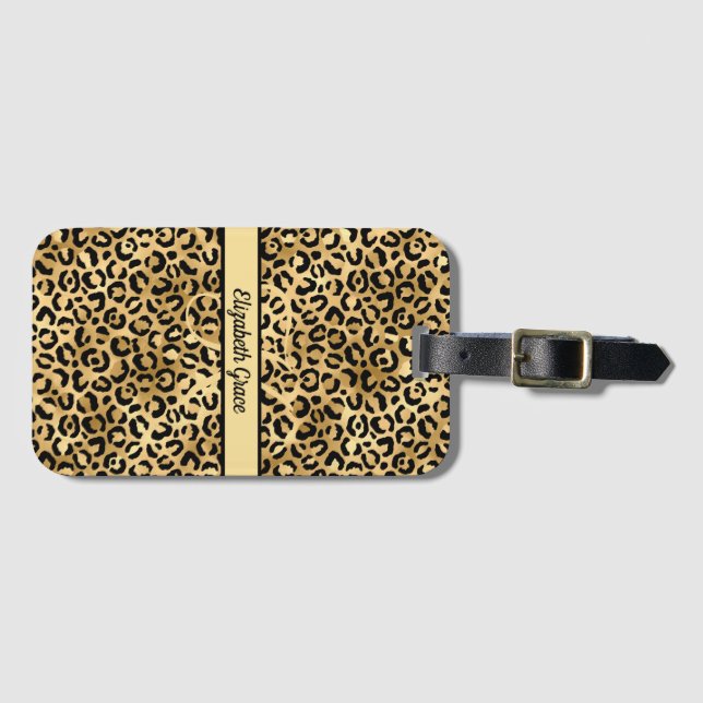 Monogramnamn Svart Guld Leopardtryck Gepard Bagagebricka (Framsida horisontal)