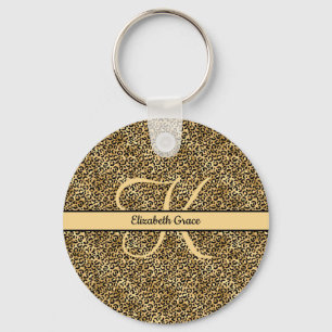 Monogramnamn Svart Guld Leopardtryck Gepard Nyckelring