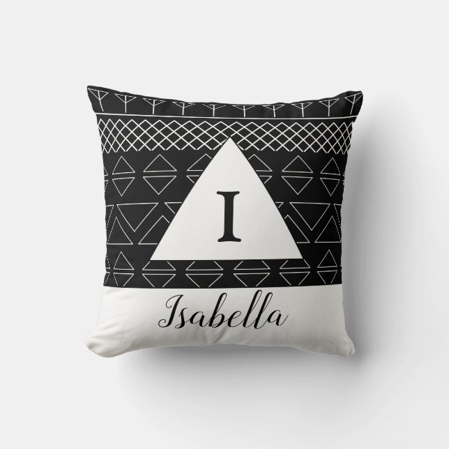 Monogramnamn Svart Vitt Geometriskt Mönster Kudde (Framsida)