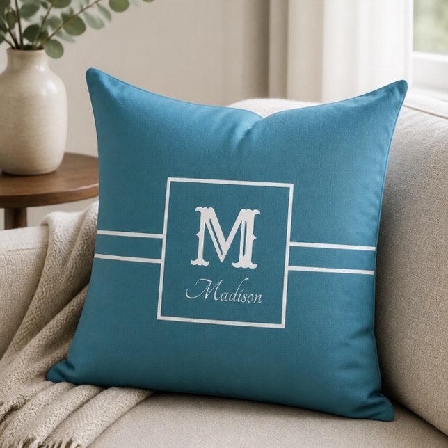 Monogramnamn Teal och Vit Kuddslang Kudde (Skapare uppladdad)
