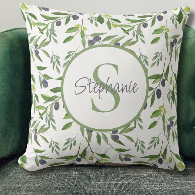 Monogramnamn Vattenfärg Oliv Mönster Kudde (Skapare uppladdad)