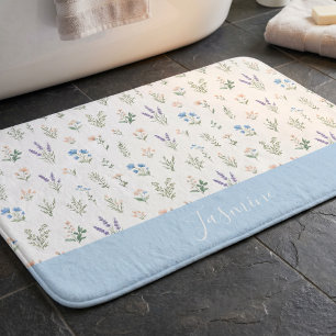 Monogramnamn Vildblomma Blå Lavendel Boho Badrumsmatta
