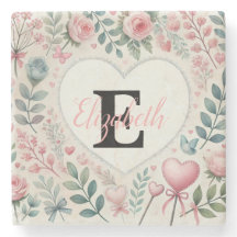 Monogramnamn Vintage hjärtan blomster vattenfärg