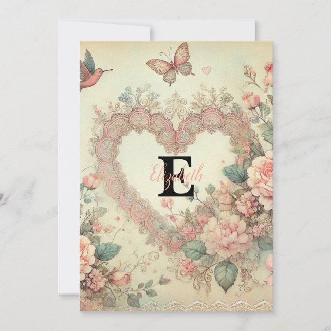 Monogramnamn vintagehjärtan blomster vattenfärg  julkort (Framsida)