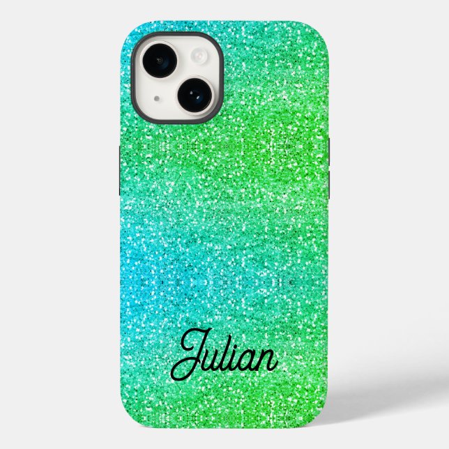 Monogramövertoningsblått och grönt glitter gnistra (Baksida)