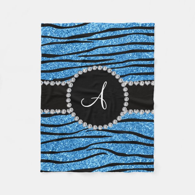 Monogrampastellblå glitter zebra ränder-cirkel fleecefilt (Framsidan)