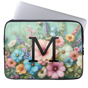 Monogrampastellblommor i vattenfärg på träträ laptop fodral