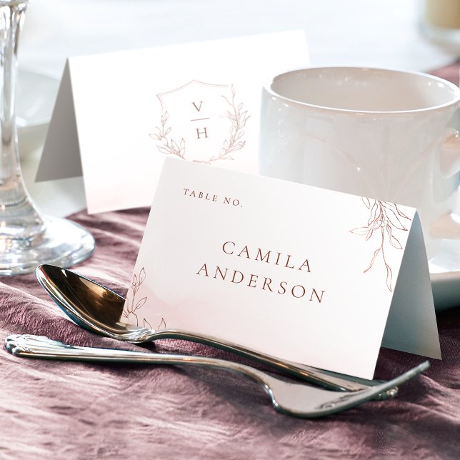 Monogramplatskort för botanisk vapensköld i ro gul bordsnummer (Rose gold botanical crest monogram place card)
