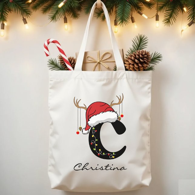 Monogrampresentpåse för julklappar i bulk tygkasse (Santa Claus tote, personalized Christmas gift, family holiday tote, Christmas initial tote,)