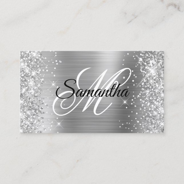 Monogramprofilen Silver Glitter och Foil Finare Visitkort (Framsida)