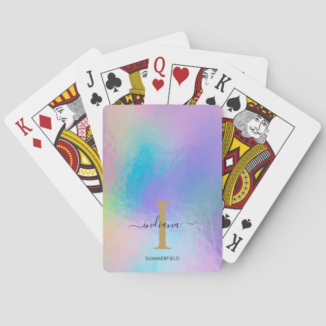 Monogramregnbågs-holografiskt Guld Initial Namn Casinokort (Baksidan)
