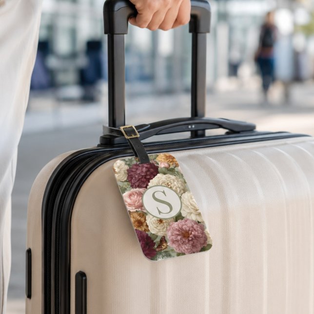 Monogramresväskemärke i lila grön blom bagagebricka (Skapare uppladdad)