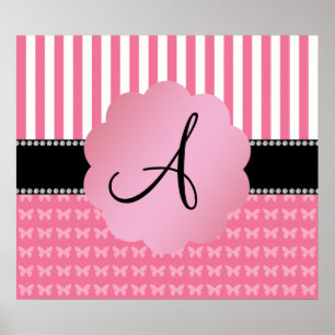 Monogramrosan görar randig rosa fjärilar poster