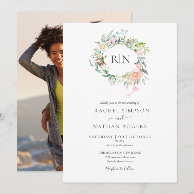 Monogramrosor Greenery Blommig Foto Bröllop Inbjudningar (Fram/baksida)