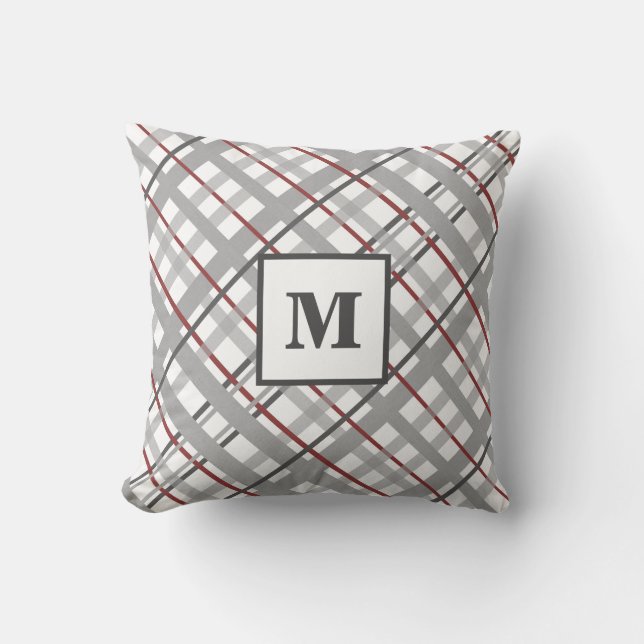 Monogramrutigt rött grått silver kudde (Framsida)