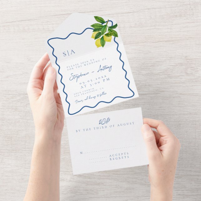 Monograms Lemon Citrus, Blue Wave Border Bröllop   (Avrivbar del)