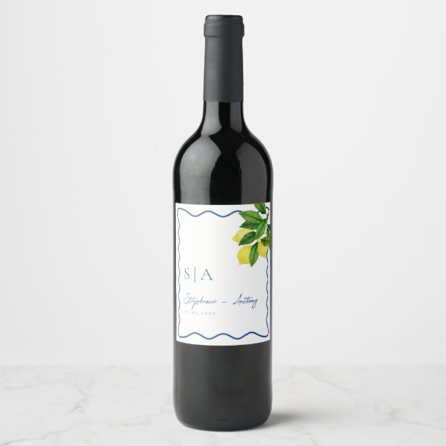 Monograms Lemon Citrus, Blue Wave Border Bröllop   Vinflaska Etikett (Framsida)