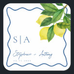 Monograms Lemon Citrus, Blue Wave Border Wedding   Fyrkantigt Klistermärke<br><div class="desc">Add a sunny, personalized touch to your wedding details with our Monograms Lemon Citrus & Blue Wave Border Square Sticker. Designed with a watercolor lemon branch in the top corner and framed by a soft blue wavy border, this elegant square sticker is customized with the couple’s initials, names, and wedding...</div>
