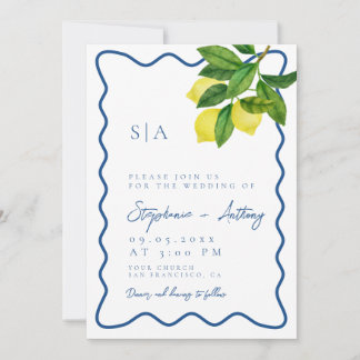 Monograms Lemon Citrus, Blue Wave Border Wedding   Inbjudningar