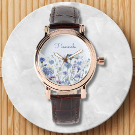 Monogramserad akrylmålning med vilda blommor på bl armbandsur