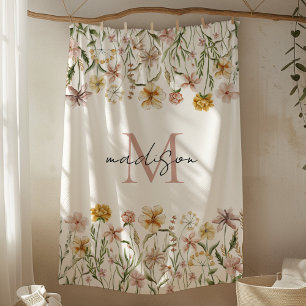 Monogramserad akvarell ängsblomma blommig fleecefilt