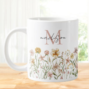 Monogramserad akvarell ängsblomma blomster jumbo mugg