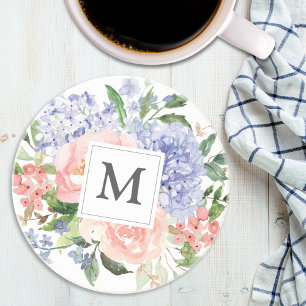 Monogramserad akvarell blå rosa vårblomma underlägg