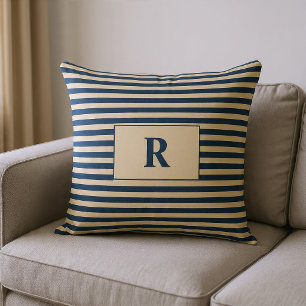 Monogramserad Blå/Vanilj Ränder Kudde