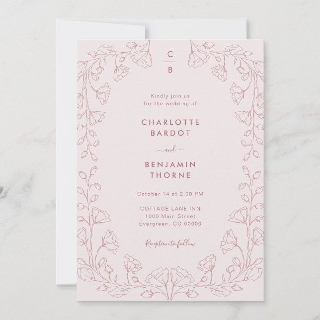 Monogramserad rosa bröllopsinbjudan inbjudningar (Framsida)