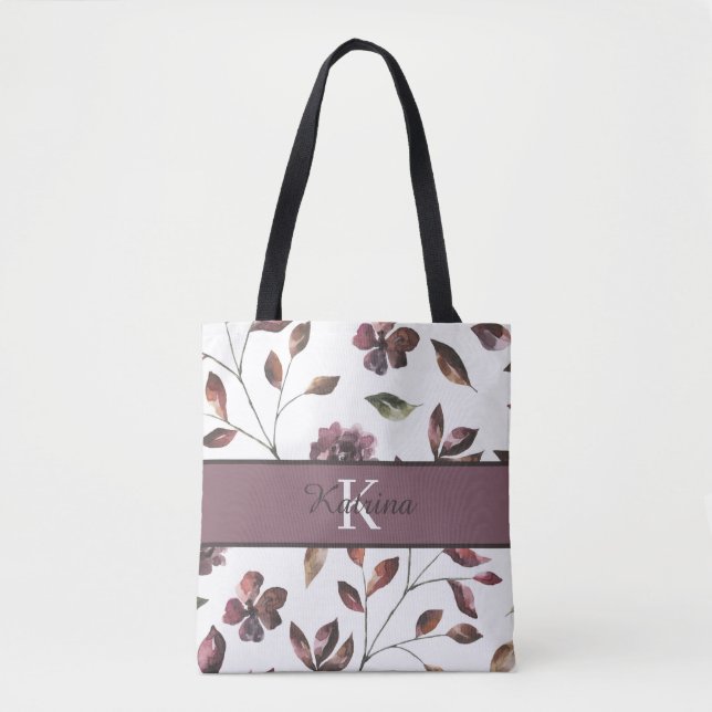 Monogramserad vattenfärg blommig handväsk tygkasse (Framsida)