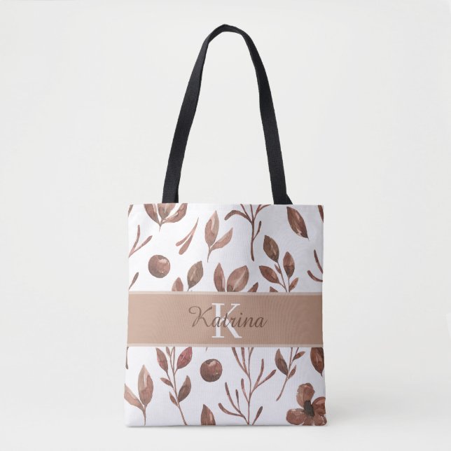 Monogramserad vattenfärg blommig handväska tygkasse (Framsida)