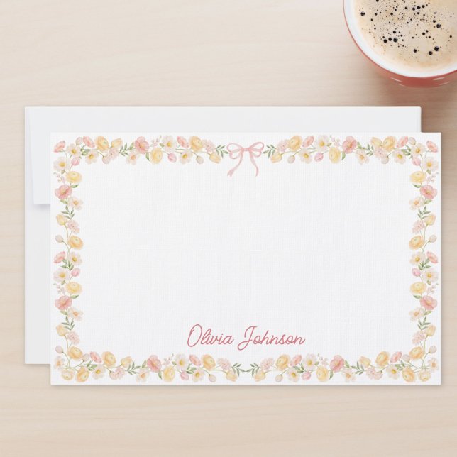 Monogramserade akvarell gula rosa blommor Blommig Brevpapper (Skapare uppladdad)