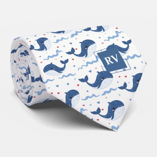 Monogramserade Glada Valar & Vågor Slips (Rullad)