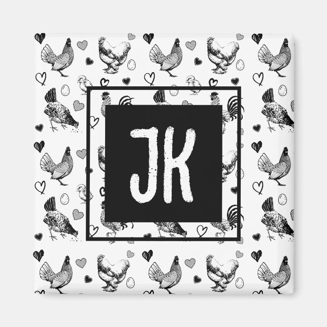 Monogramserade svarta och vita tecknade höns magnet (Framsidan)