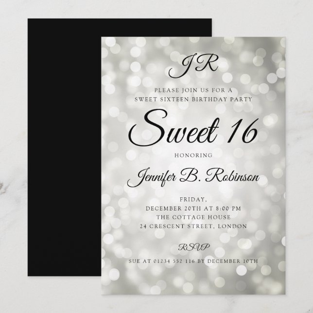 Monogramsilverglitter tänder söt födelsedag 16 inbjudningar (Fram/baksida)