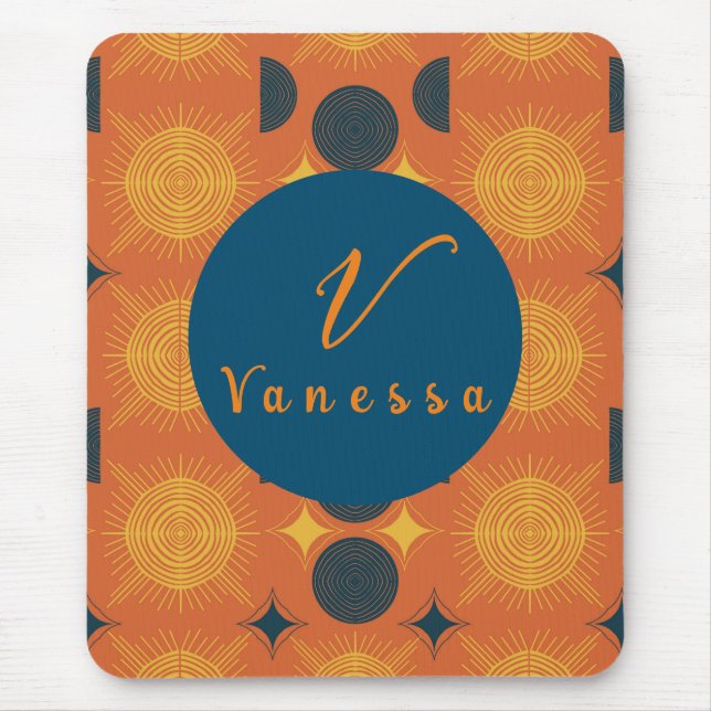 Monogramskript för Boho Celestial Sol Måne Orange Musmatta (Framsidan)