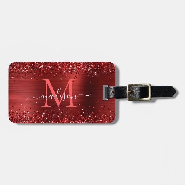 Monogramskript för Burgundy Red Glitter Metall Bagagebricka (Horisontell Framsida)
