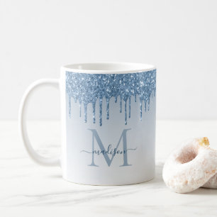 Monogramskript för Gnistran Dusty Blue Glitter Dri Kaffemugg
