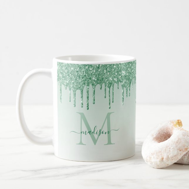 Monogramskript för Gnistran Glitter i Grönt Mint c Kaffemugg (Med munk)