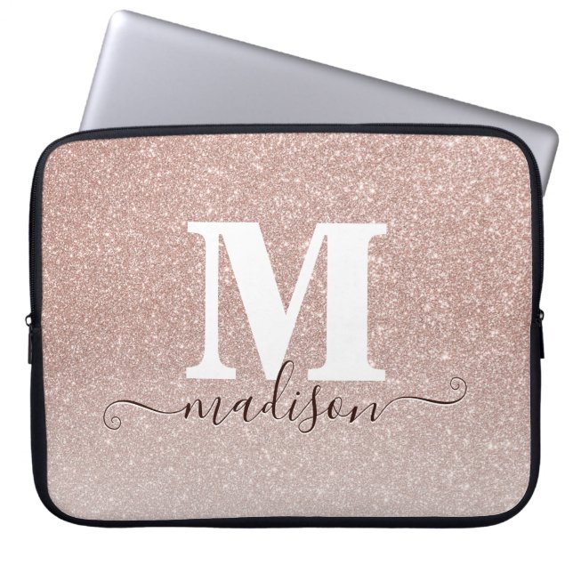 Monogramskript för Gnistran Rosa ros Guld Glitter Laptop Fodral (Framsidan)