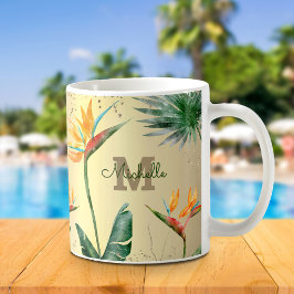 Monogramskript för guld Tropical Handflatan Foliag Kaffemugg